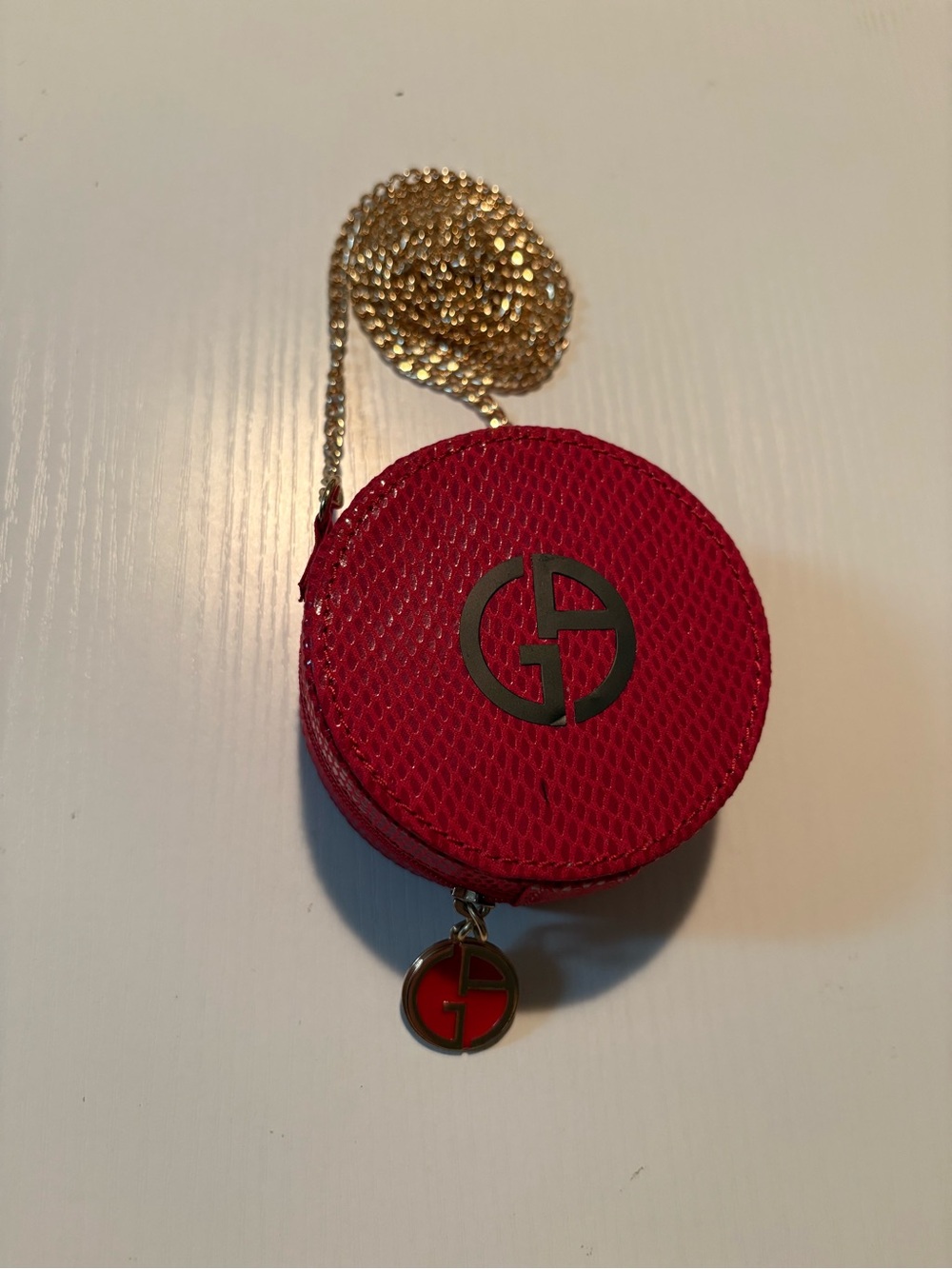 Giorgio Armani Red Round Cosmetic Case with Crossbody Chain New